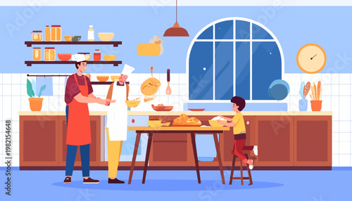 Family cooking together in kitchen.