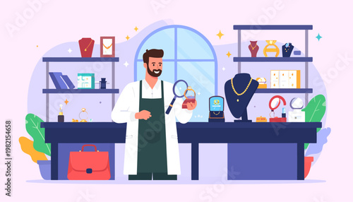 Jeweler working with magnifying glass.