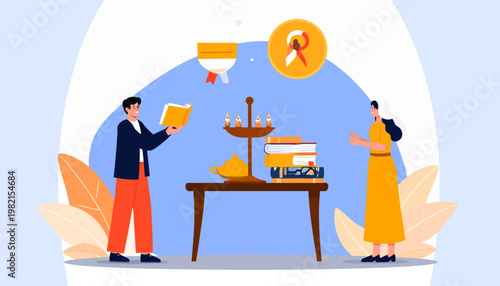 Man and woman exchanging book knowledge.