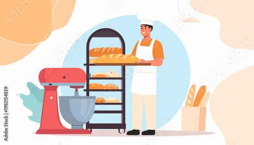 Man holding tray of fresh bread.