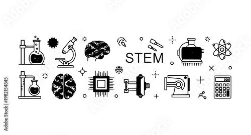 STEM banner with science technology engineering and mathematics line icons in modern editable vector illustration