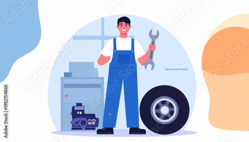 Mechanic in blue overalls holding wrench.