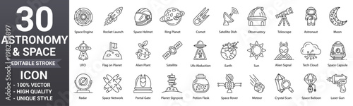 Astronomy line icon set. Featuring space exploration editable outline icons including universe, satellite, rocket, telescope, planet, cosmic and more collection. Vector illustration