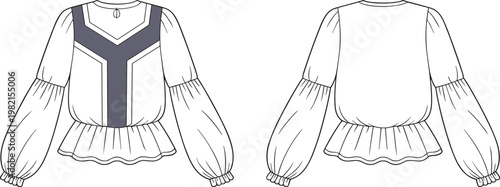 Women’s blouse flat vector, peplum hem with voluminous long sleeves