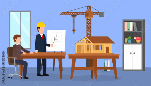 Two businessmen discuss house construction plan.