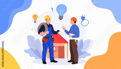 Two men in conversation outside house.