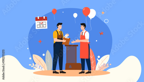 Two people standing at a counter.