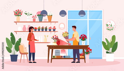 Two people working with flowers.