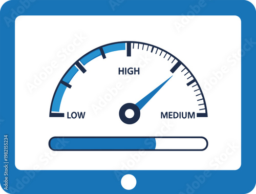 Speedometer gauge with needle indicating high level on scale low medium high showing performance or speed measurement concept.