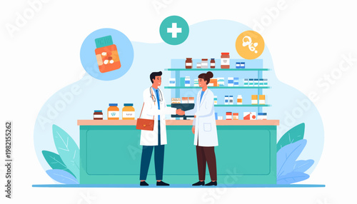 Two pharmacists in a pharmacy talking.