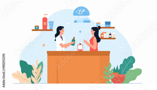 Two women at the counter talking.