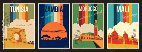 Tunisia, Zambia, Morocco, Mali African Countries Main Attractions Postcard Set. Retro Postcards Style Illustrations. 1970s Color Lines