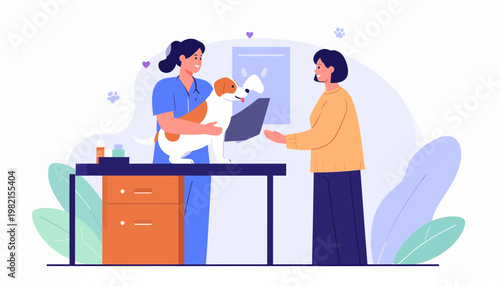 Woman holding dog at vet clinic.