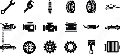 Collection of black and white car maintenance and automotive repair icons on a white background.