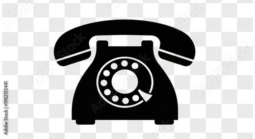 Retro rotary telephone icon, vintage black analog phone silhouette isolated on transparent background.