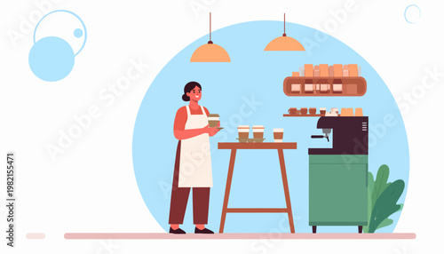 Woman Holding Food in Apron Standing.