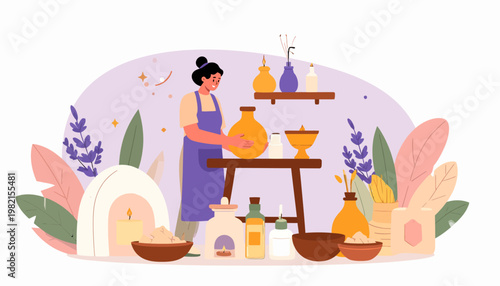 Woman preparing herbal medicine potions.