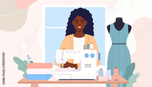 Woman working with sewing machine.