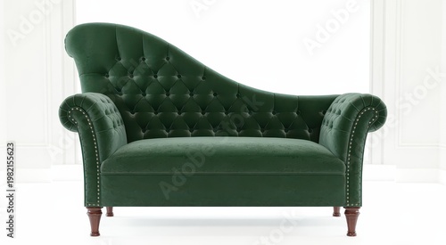 Elegant emerald green velvet chaise longue with Chesterfield tufted back and brass nailhead trim, isolated on white background
