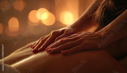 A close-up view showcases hands performing a relaxing massage on a person's back, bathed in warm, soft lighting.