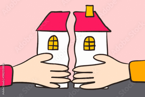 Hands splitting house illustration for divorce finance contract