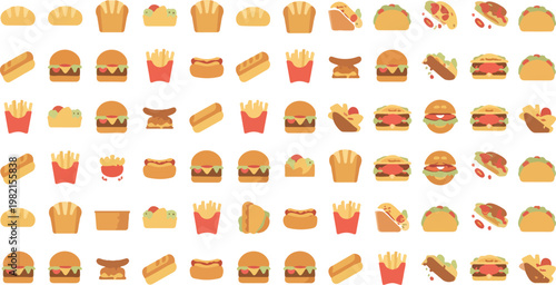 Food and fruit emoji icon set with beverages, vegetables and cakes, flat colorful emoticons and stickers vector collection