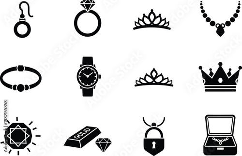 A collection of black and white jewelry and luxury accessory icons on a white background.