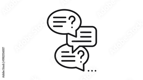 Minimalist Black Line Vector Icon Illustration of Three Overlapping Speech Bubbles with Question Marks and Text Lines, Symbolizing FAQ, Customer Support, Online Chat, and Communication Concepts
