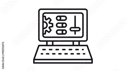 Laptop computer system settings and configuration vector icon featuring a gear, toggle switches, and a slider on the display. Minimalist black line art illustration for software control.