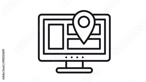 Black vector icon of a computer monitor with a location pin map marker on the screen. Minimalist illustration for digital navigation, online maps, local SEO, and GPS tracking services on white.