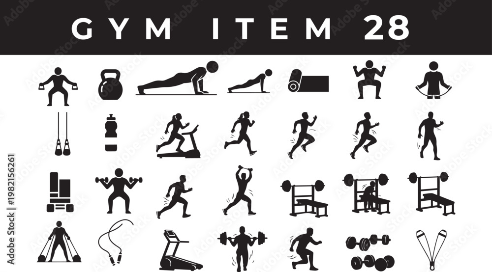 Fototapeta premium A simple business and sports icon set featuring people silhouettes and activity symbols in a clean vector design, gym item with fitness