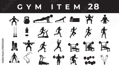 A simple business and sports icon set featuring people silhouettes and activity symbols in a clean vector design, gym item with fitness