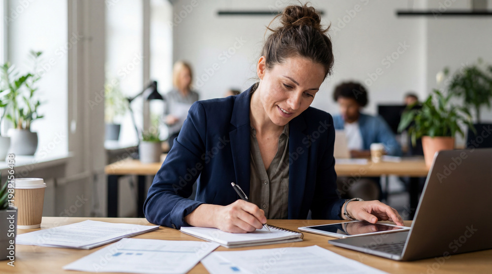 Obraz premium Young woman working on laptop and taking notes in modern office 