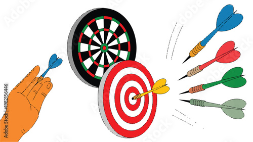 hand holding dart and throwing at dartboard with multiple darts flying towards it