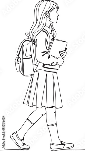 A schoolgirl walking with books and backpack on her back vector illustration