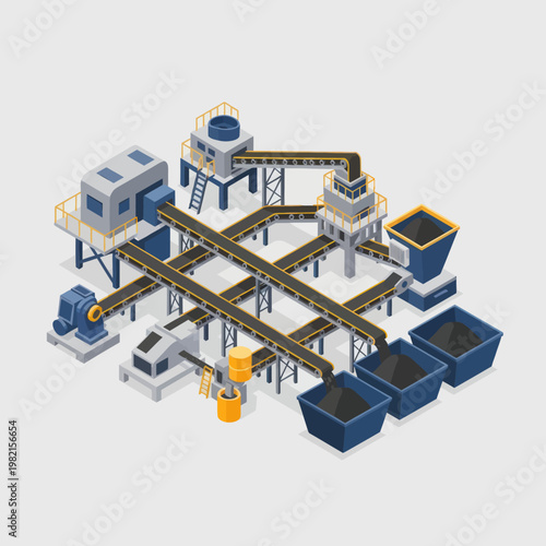 Foto Isometric Coal Mining Plant Illustration with Conveyor Belts and Machinery
