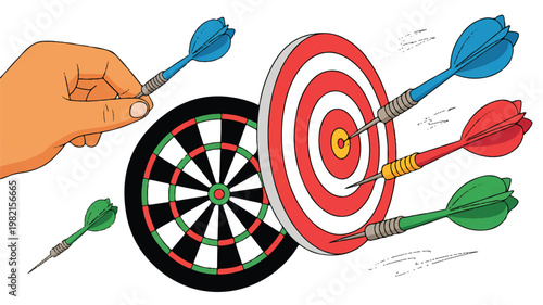 hand holding dart near two dartboards with multiple darts hitting targets