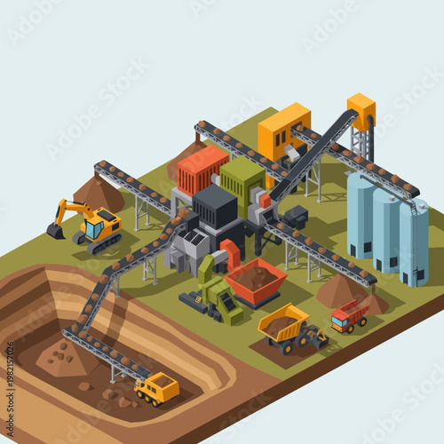 Isometric Mining Operation - Excavators, Conveyors, and Processing Plant Illustration.