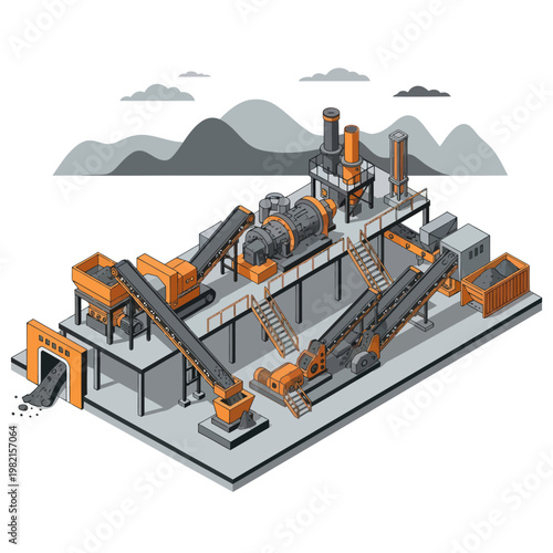Isometric Coal Processing Plant Illustration with Conveyor Belts and Silos.