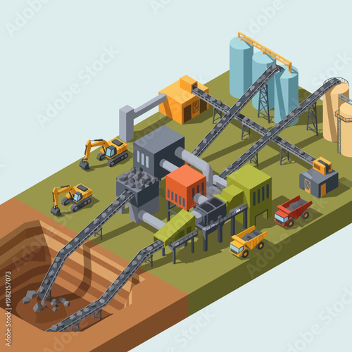 Isometric Mining Operation Illustration with Conveyor Belts and Heavy Machinery.