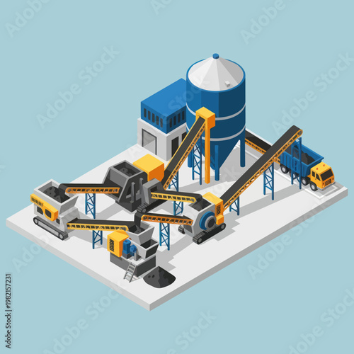 Isometric View of a Quarry Plant with Conveyor Belts.