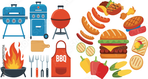 BBQ grill food sticker set with grilled meat, vegetables and barbecue items, flat cartoon vector illustration collection