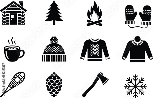 Set of twelve black and white winter icons including a log cabin, campfire, and warm clothing
