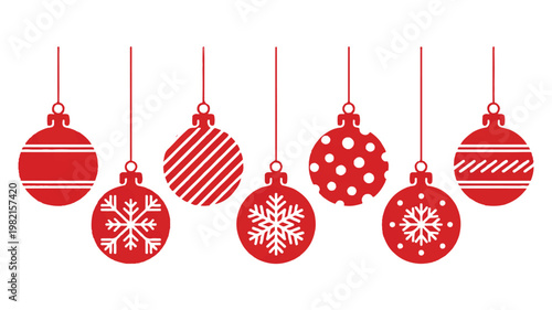 Red Christmas ornaments hanging on strings in various patterns