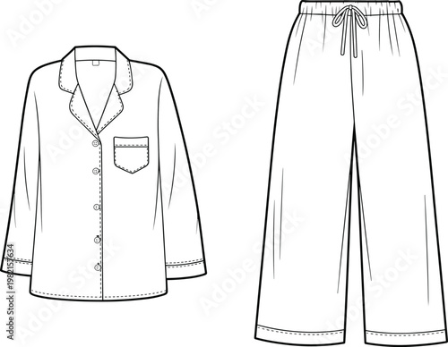 Classic pajama set flat vector, button shirt with drawstring pants