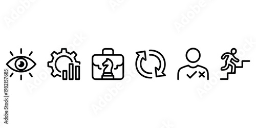 Six business strategy including eye gear chart briefcase chess piece arrows and person climbing stairs in white background