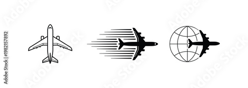 airplane flight and global travel icons set