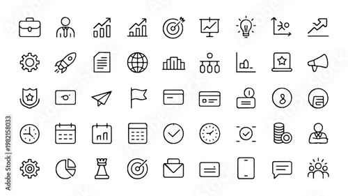 Set of business and finance related line icons on white background