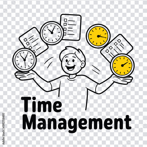 A cartoon man juggling clocks and documents for time management