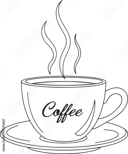 A steaming cup of coffee in a line drawing style on a saucer vector illustration